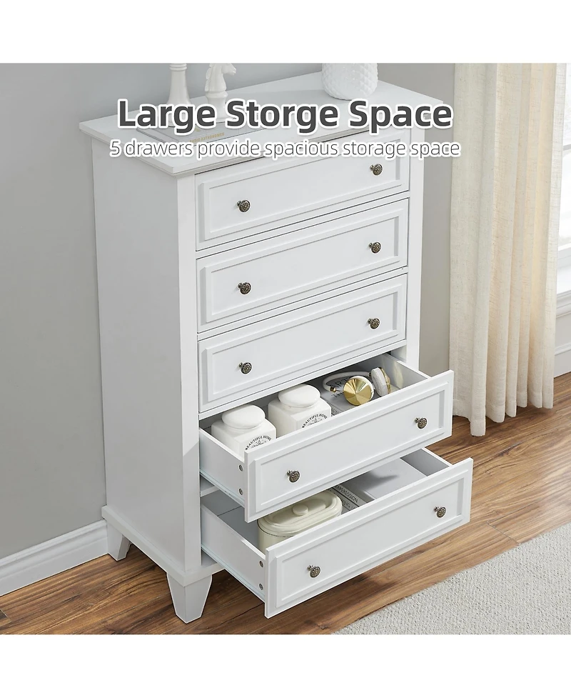 gaomon 5 Drawers Dresser for Bedroom, White Dresser with Wide Drawers, Wood Chest of Drawers, Tall Dresser for Bedroom