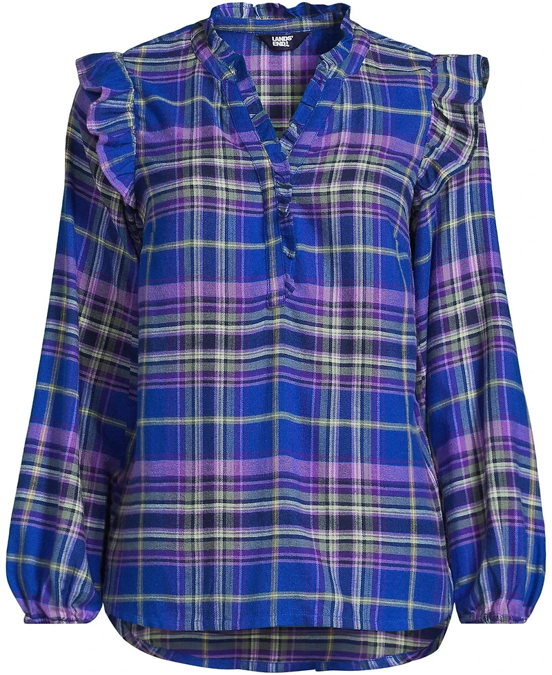 Lands' End Women's Plus Ruffle Front Flannel Popover Blouse
