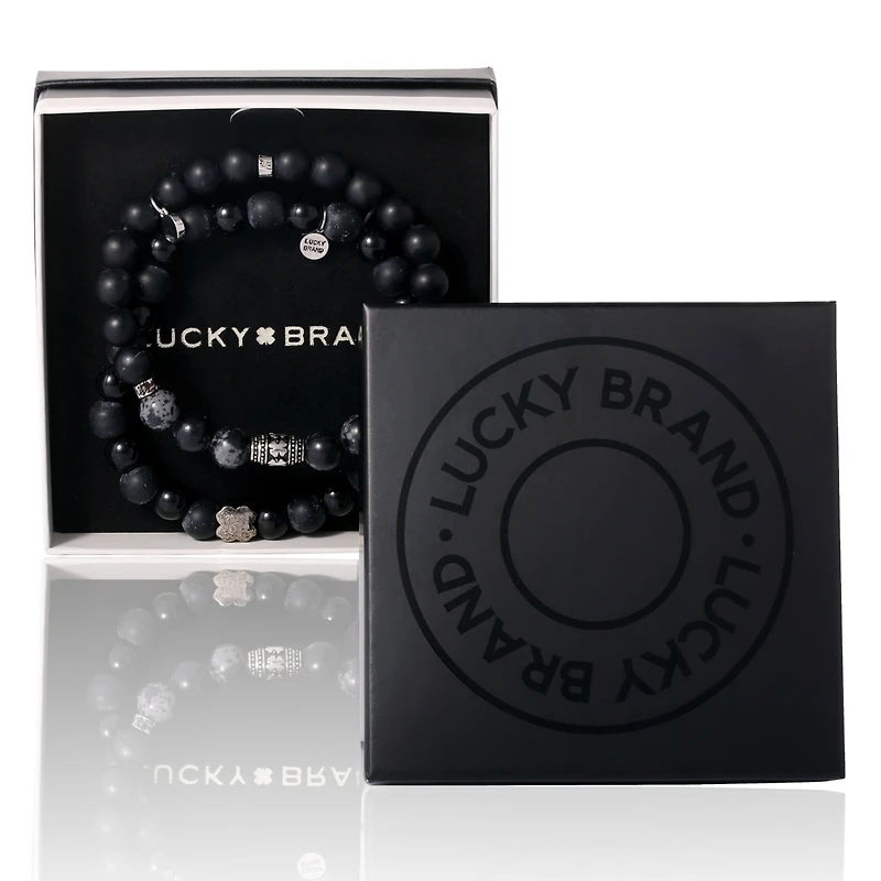 Lucky Brand Black Lava Bead Bracelets - Set of Two Natural Stone Stretch Bracelets for Men