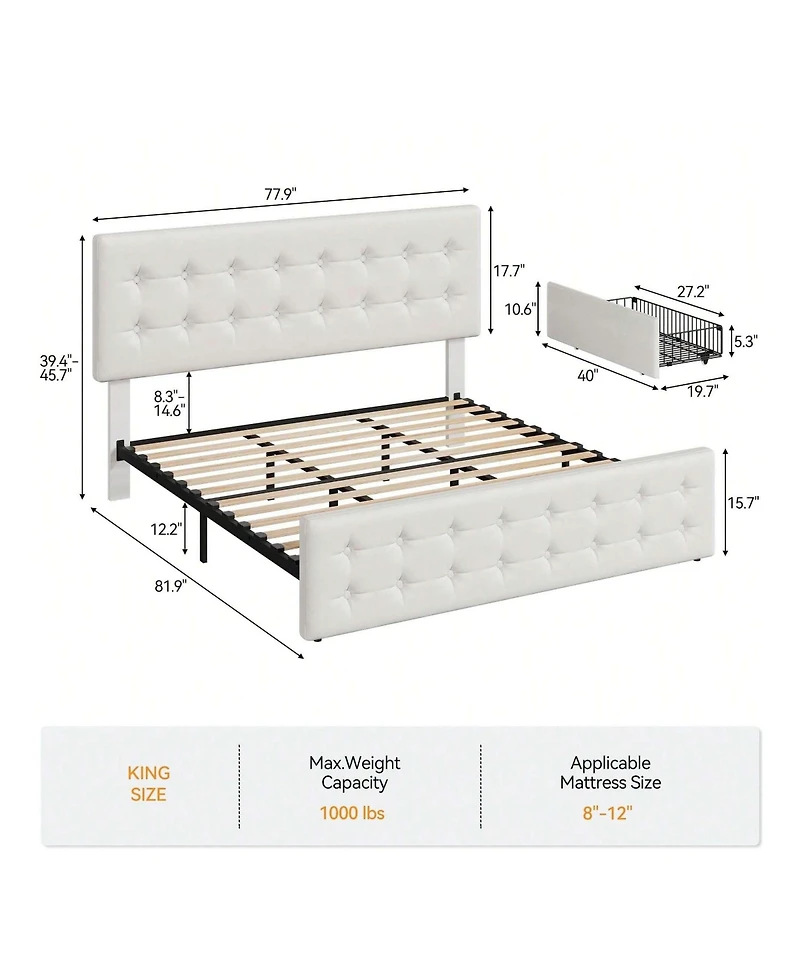 Bed Frame,With 4 Storage Drawers And Headboard, Linen Upholstered Platform Frame With Wooden Slats Support, Button Tufted Design