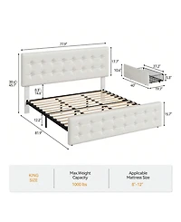Bed Frame,With 4 Storage Drawers And Headboard, Linen Upholstered Platform Frame With Wooden Slats Support, Button Tufted Design