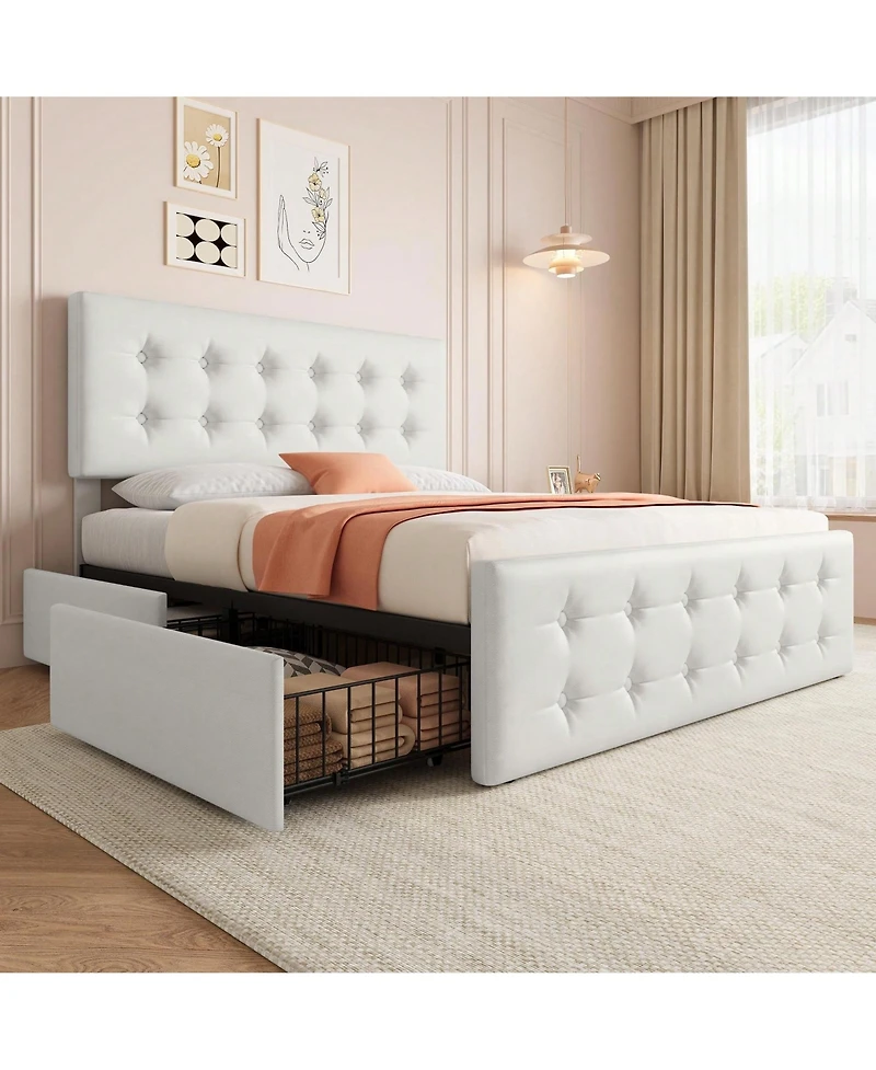 Bed Frame,With 4 Storage Drawers And Headboard, Linen Upholstered Platform Frame With Wooden Slats Support, Button Tufted Design