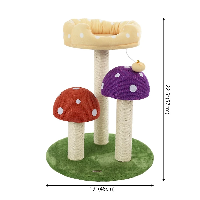 The Licker Store Pixie 22.5" 3-Tier Cottage Sisal Mushroom Cat Tree with Scratching Posts, Napping Perch, and Dangling Bell Toy, Multi
