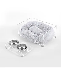 Billie 24" x 15.75" Small Modern Acrylic Calming Fluffy Pet Bed with Washable Cushion and 4" Elevated Pet Feeder with 27 oz 2-Stainless