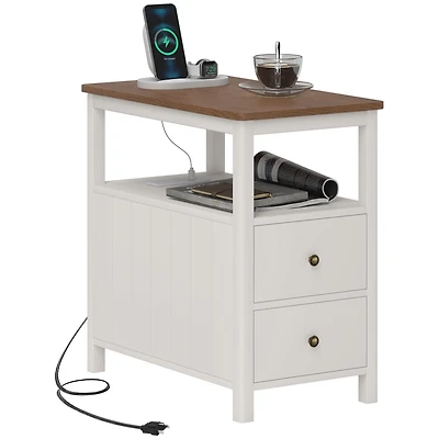 Homcom Narrow End Table with Charging Station, Usb Ports, Drawers,