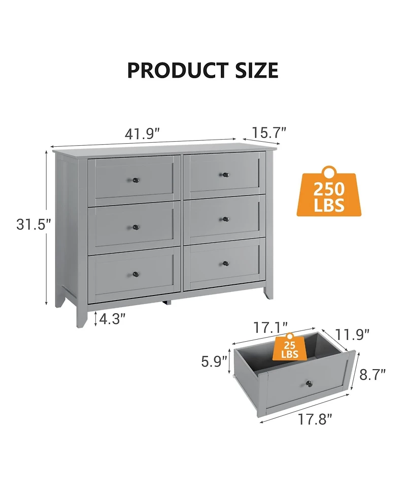 gaomon Grey 6 Chest of Drawer Dresser, Modern Dresser with Deep Drawers and Nickel Round Handle, Wood Organizer Storage Cabinet