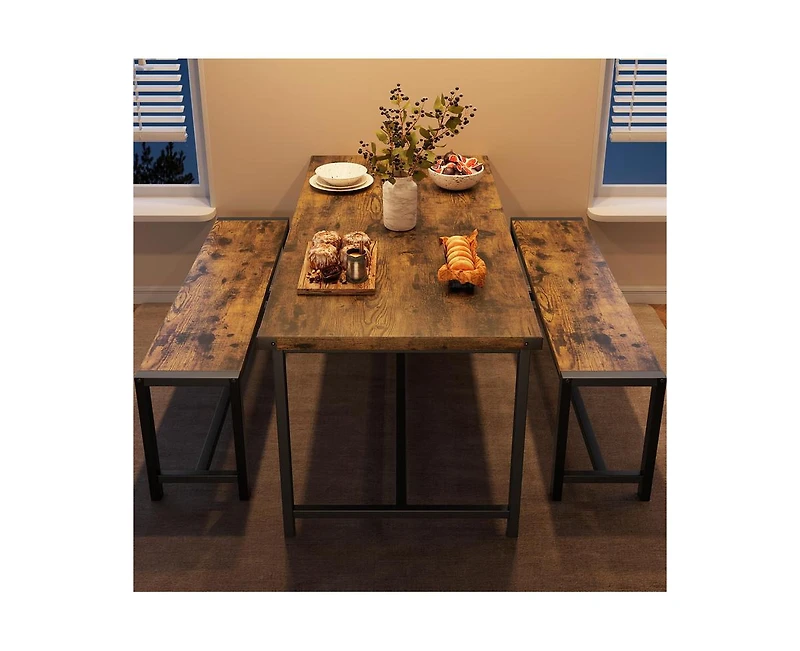 gaomon Dining Table Set for 4, Kitchen Table with 2 Metal Wood Benches, Rectangular Room Dining Table Set, 3 Piece Farmhouse Kitchen Table Set for Sma