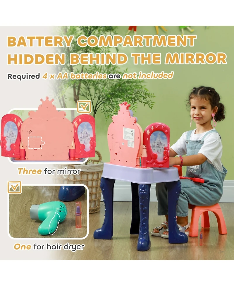 Qaba Kids Vanity Set w/ Mirror and Stool, Music, Light, Drawer, Multicolor