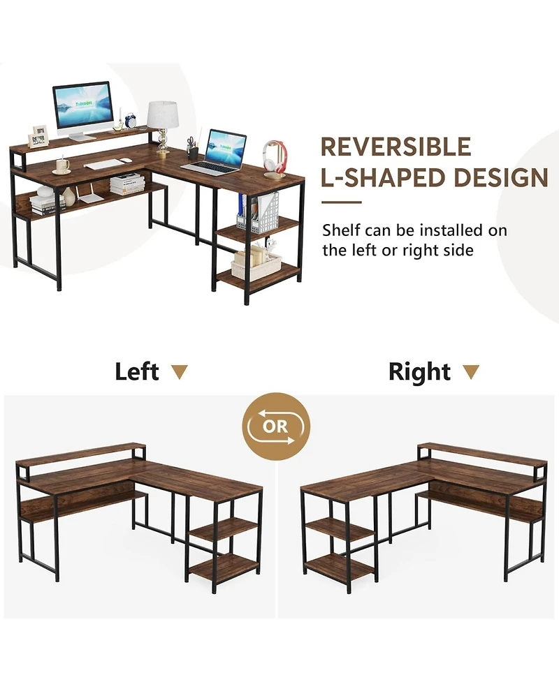 Tribesigns Reversible Corner Computer Desk with Storage Shelves,59 Inch L Shaped Desk with Monitor Stand,Study Writing Table Workstation for Home Offi