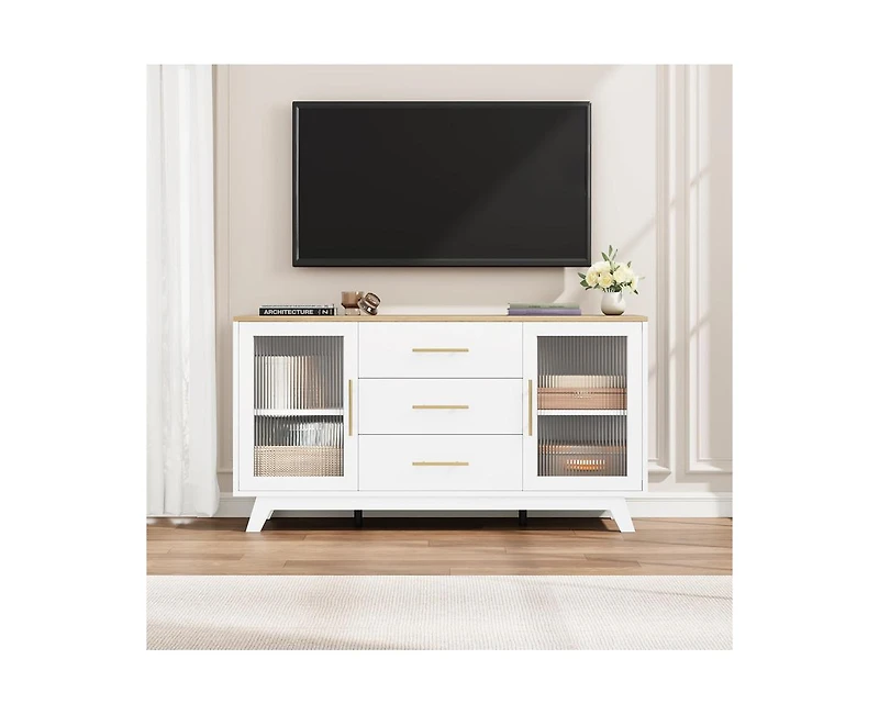 gaomon Coffer Bar Cabinet with 2 Fluted Glass Doors, 56" Modern Sideboard Buffet Cabinet with 3 Drawers, White Large Storage Cabinet for Kitchen Dinin