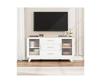 gaomon Coffer Bar Cabinet with 2 Fluted Glass Doors, 56" Modern Sideboard Buffet Cabinet with 3 Drawers, White Large Storage Cabinet for Kitchen Dinin