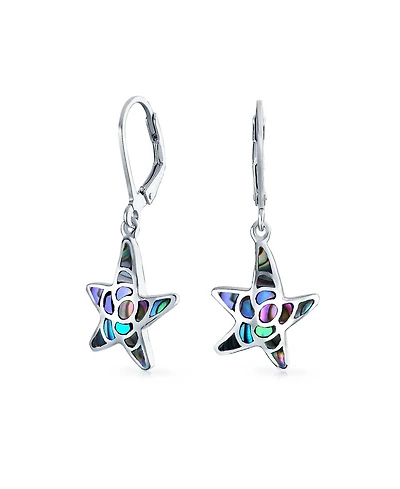 Bling Jewelry Nautical Vacation Honeymoon Marine Life Beach Iridescent Abalone Shell Inlaid Drop Starfish Earrings .925 Sterling Silver Lever Back