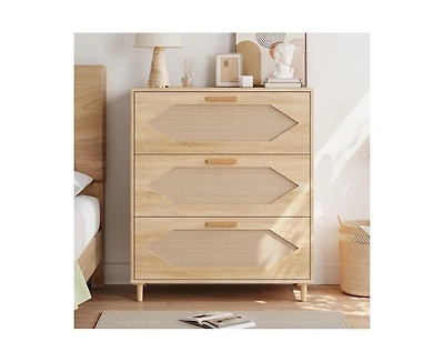 Dresser for Bedroom with 3 Drawers, Rattan Dresser with Spacious Storage, Modern Wooden Closet Dressers Chest of Drawers, Wood Nightstand for Bedroom