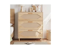 Dresser for Bedroom with 3 Drawers, Rattan Dresser with Spacious Storage, Modern Wooden Closet Dressers Chest of Drawers, Wood Nightstand for Bedroom
