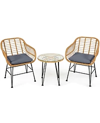 Sugift 3 Pieces Rattan Furniture Set with Cushioned Chair Table-Gray