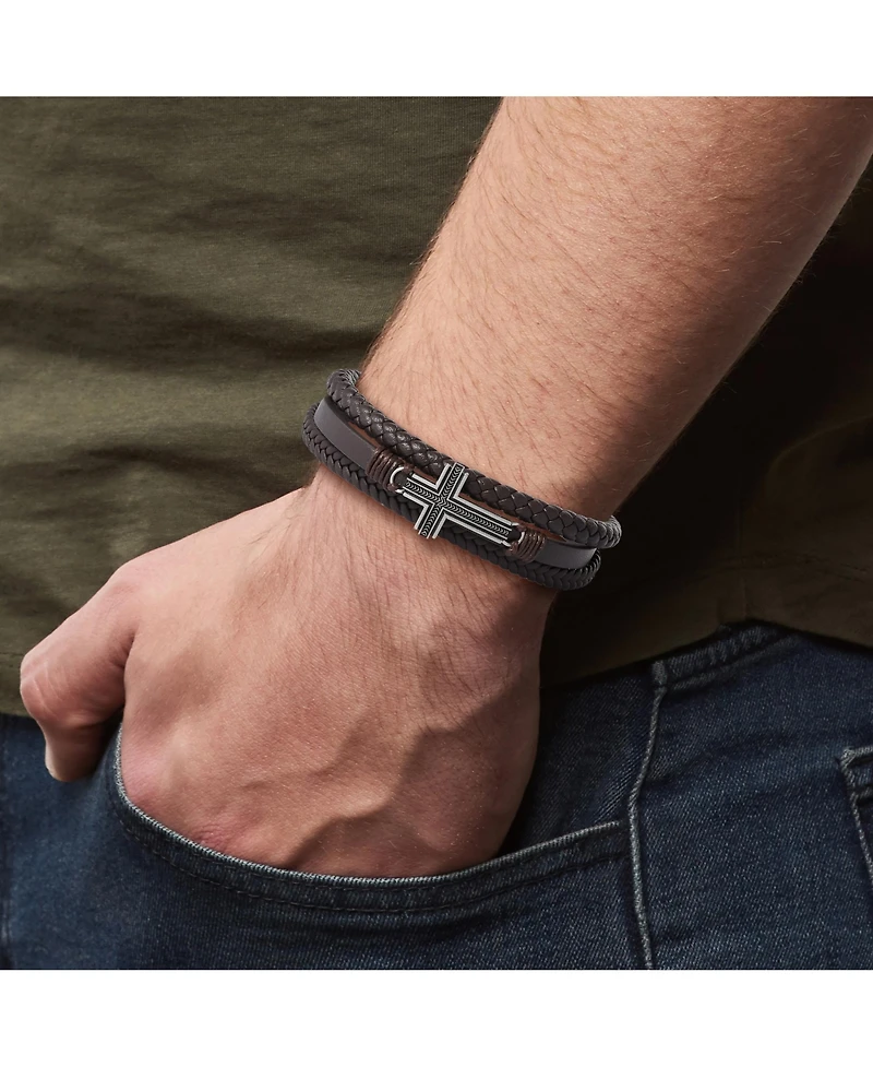 Lucky Brand Braided Leather Bracelet with Cross - Brown Leather Wrap Bracelet for Men