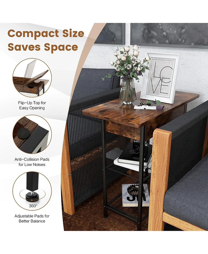 Gymax Side End Sofa Table Nightstand with Charging Station Flip-Up Top for Living Room