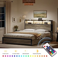 Hausource Full Bed Frame with Bookcase Storage Headboard and 2 Drawers Platform Bed No Box Spring Needed - Gray