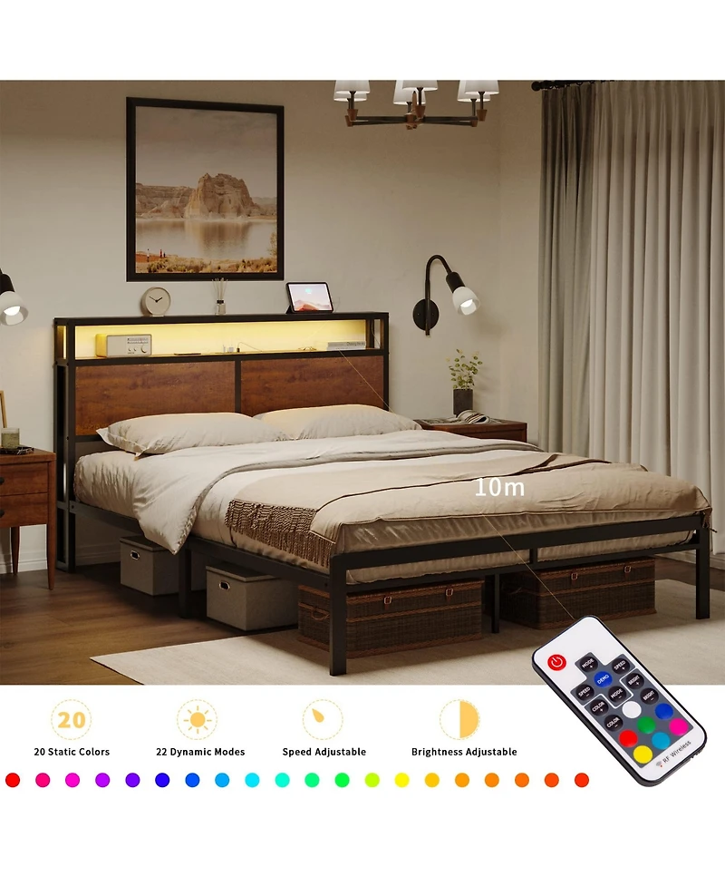 Hausource King/Twin Size Bed Frame with Storage Headboard & Charging Station No Box Spring Needed, King