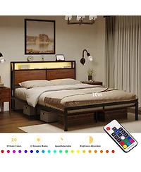 Hausource King/Twin Size Bed Frame with Storage Headboard & Charging Station No Box Spring Needed, King