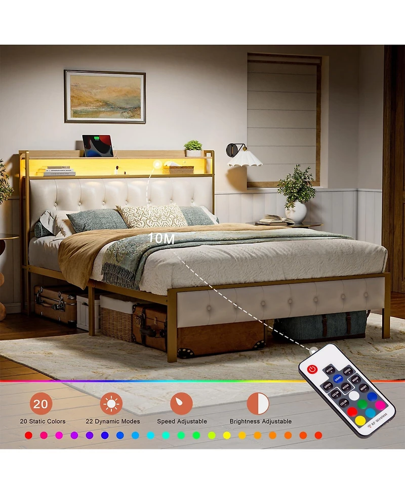 Hausource Queen Size Bed Frame with Storage Headboard & Usb Ports & Outlets No Box Spring Needed