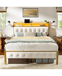 Hausource Full Size Bed Frame with Storage Headboard & Usb Ports & Outlets No Box Spring Needed