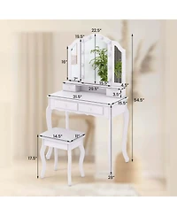 Makeup Vanity Set with Tri-Fold Mirror & Led Lights 4 Drawers Open Shelf