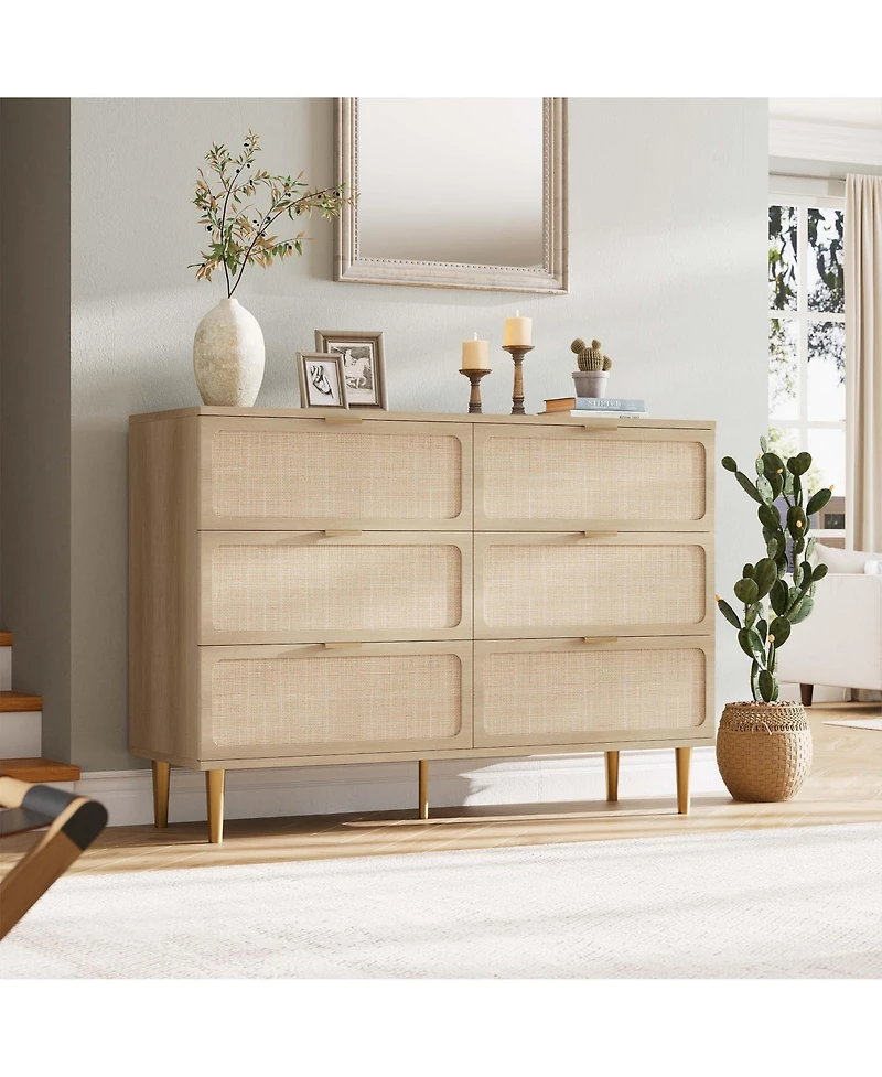 Rattan 6 Drawer Dresser for Bedroom, Large Double Dresser with Deep Drawers, Chest of Drawers