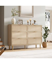 Rattan 6 Drawer Dresser for Bedroom, Large Double Dresser with Deep Drawers, Chest of Drawers