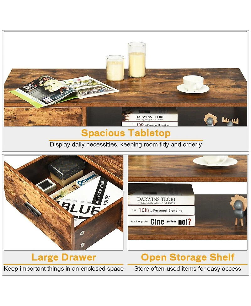 Gymax Retro Coffee Table Mid Century Modern Living Room Furniture w/Open Storage Shelf
