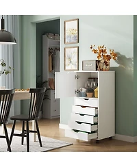5-Drawer Wood Dresser with Top Cabinet Storage, Mobile Chest of Drawers, Wide Storage Space for Home Office