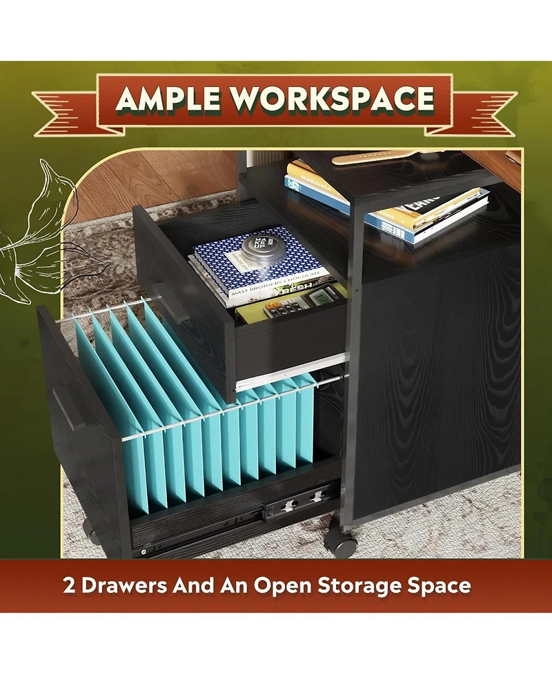 2 Drawer File Cabinet, Mobile Printer Stand with Open Storage Shelf, Wood Filing Cabinet fits A4 or Letter Size for Home Office, Black