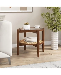 Gymax 2-Tier Round Side End Table Pe Rattan Sofa Nightstand Tempered Glass Tabletop