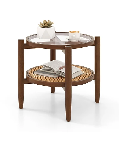 Gymax 2-Tier Round Side End Table Pe Rattan Sofa Nightstand Tempered Glass Tabletop