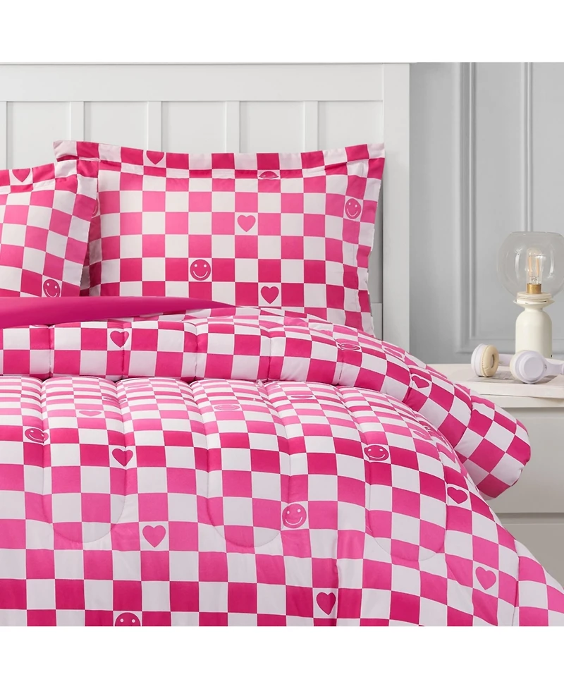 Alex + Bella Checkerboard Hearts Hot Pink 3-Piece Ultra Soft Microfiber Comforter Set - Full