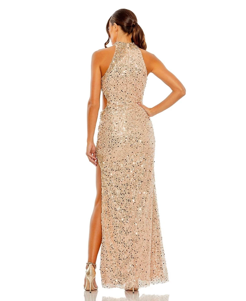 Mac Duggal Women's Side Cut Out High Neck Sequin Gown