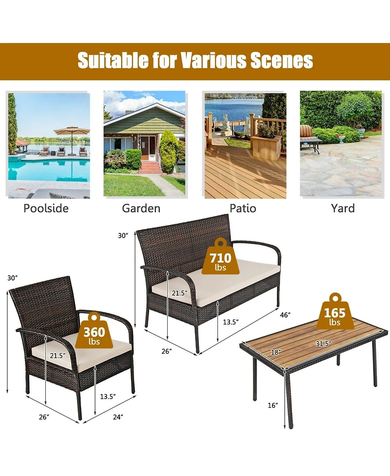 Sugift 4 Pieces Patio Cushioned Wicker Conversation Set with Acacia Wood Tabletop