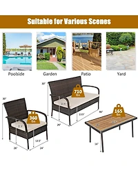 Sugift 4 Pieces Patio Cushioned Wicker Conversation Set with Acacia Wood Tabletop