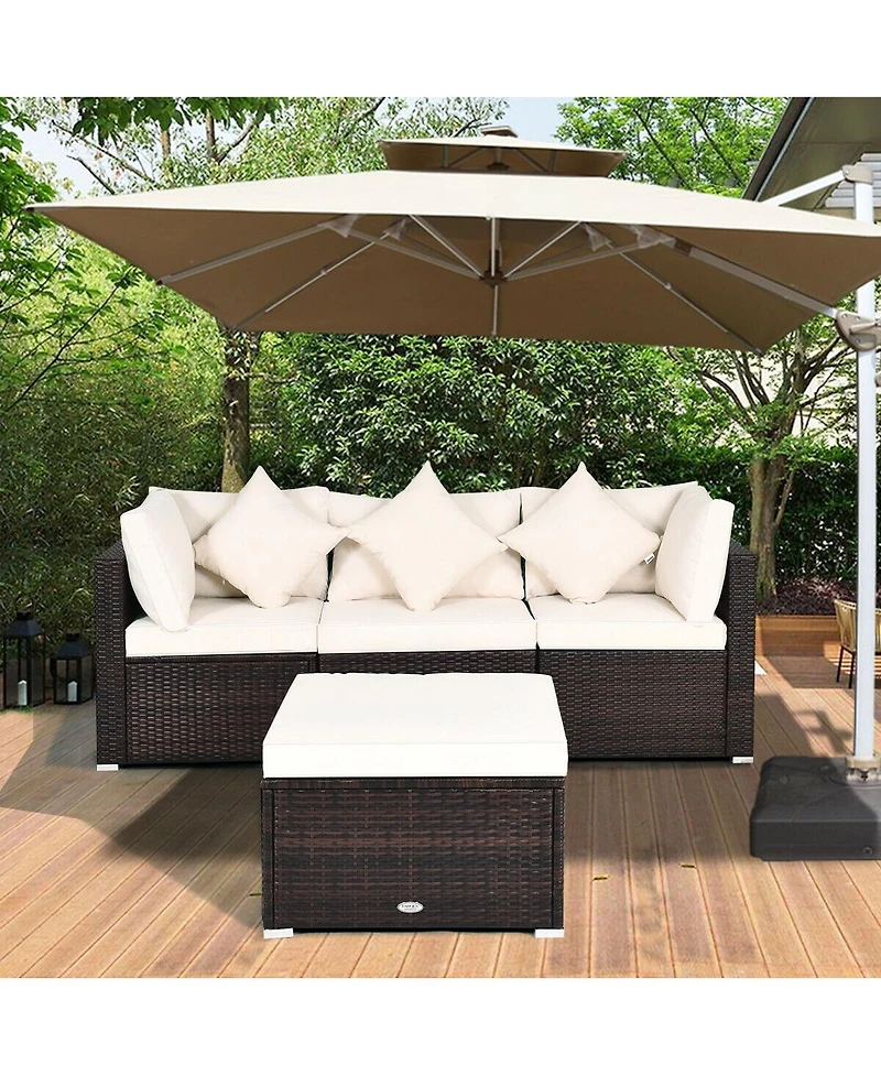 Sugift 4 Pcs Ottoman Garden Deck Patio Rattan Wicker Furniture Set Cushioned Sofa-White