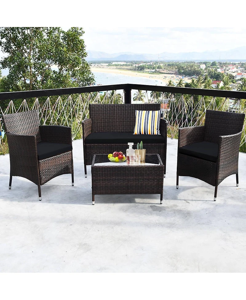 Sugift 4 Pieces Rattan Sofa Set with Glass Table and Comfortable Wicker for Outdoor Patio-Black