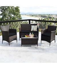 Sugift 4 Pieces Rattan Sofa Set with Glass Table and Comfortable Wicker for Outdoor Patio-Black