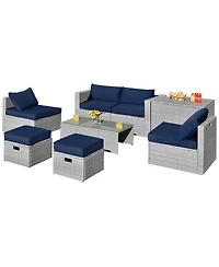 Sugift 8 Pieces Patio Rattan Furniture Set with Storage Waterproof Cover and Cushion-Navy