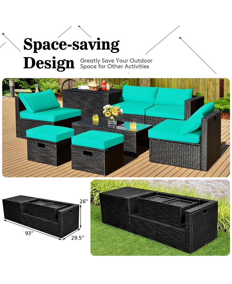 Sugift 8 Pieces Patio Rattan Storage Table Furniture Set-Turquoise