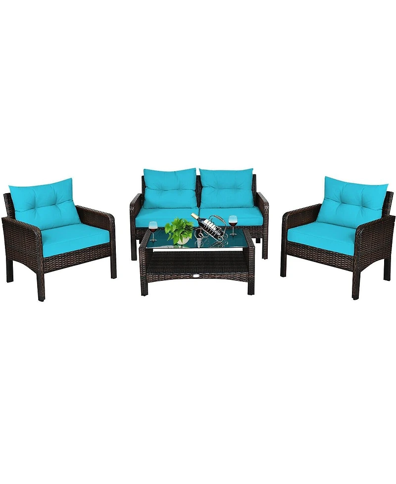 Sugift 4 Pieces Outdoor Rattan Wicker Loveseat Furniture Set with Cushions-Turquoise