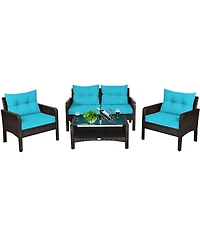 Sugift 4 Pieces Outdoor Rattan Wicker Loveseat Furniture Set with Cushions-Turquoise