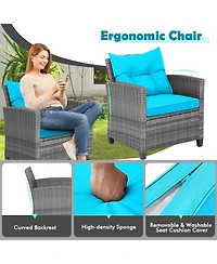 Sugift 3 Pieces Outdoor Wicker Conversation Set with Tempered Glass Tabletop-Turquoise