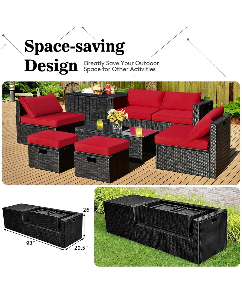 Sugift 8 Pieces Patio Rattan Storage Table Furniture Set-Red