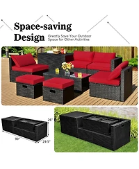 Sugift 8 Pieces Patio Rattan Storage Table Furniture Set-Red