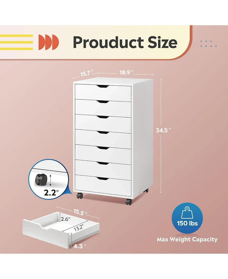 7-Drawer Chest, Wood Storage Dresser File Cabinet with Wheels, White