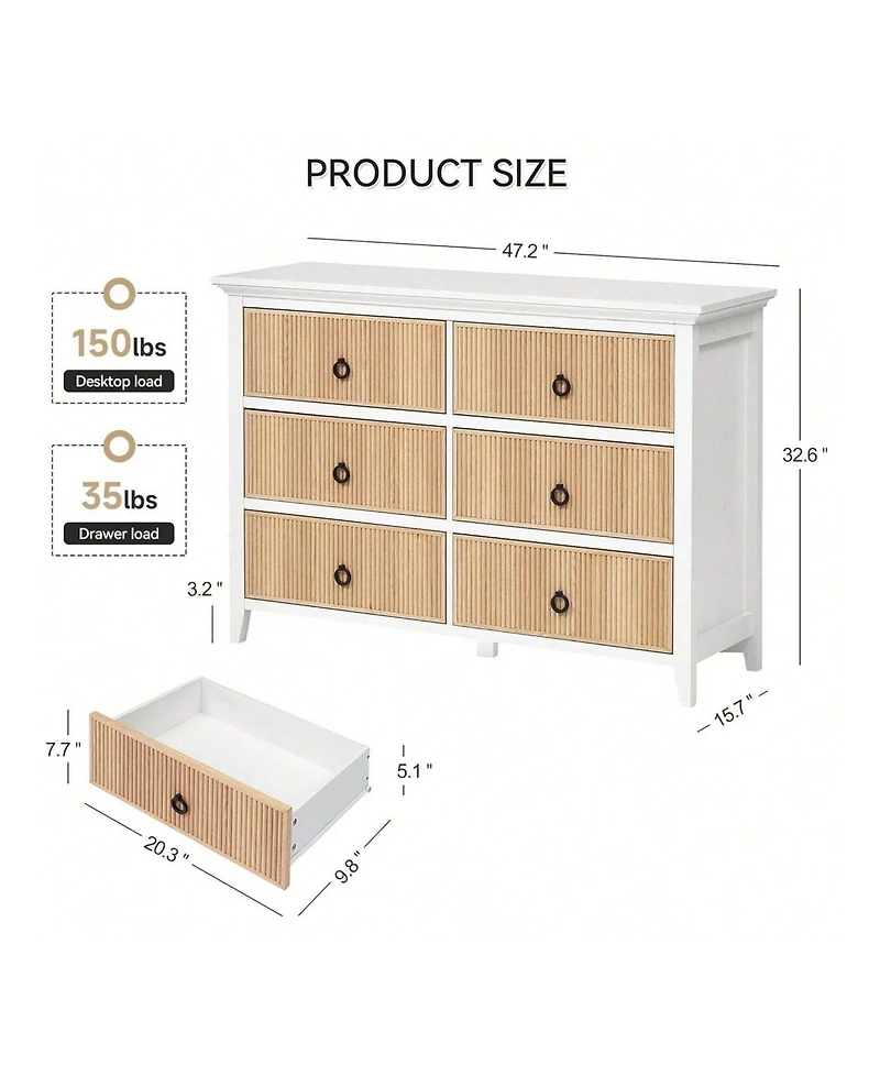gaomon 6 Drawer Dresser For Bedroom,Waveform Fluted Dresser Chest With Large Drawer, Wooden Chest Of Dresser Storage Cabinet, Fluted Dresser For Bedro